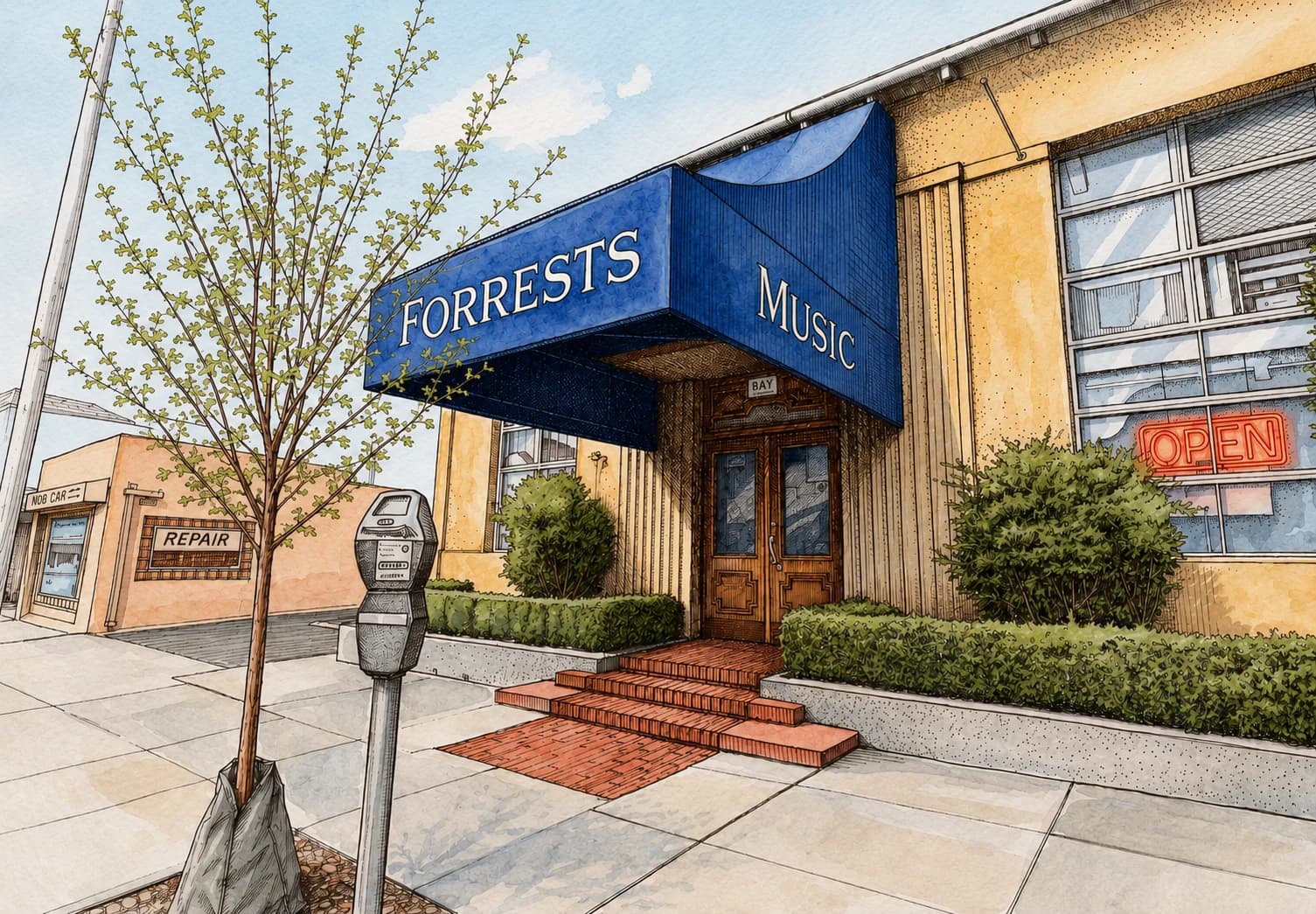Color illustration of the Forrests Music storefront on University Ave., Berkeley — blue awning and entrance